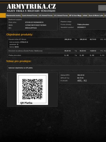 QR kód pro platbu na detailu objednávky co Vám dorazí na email